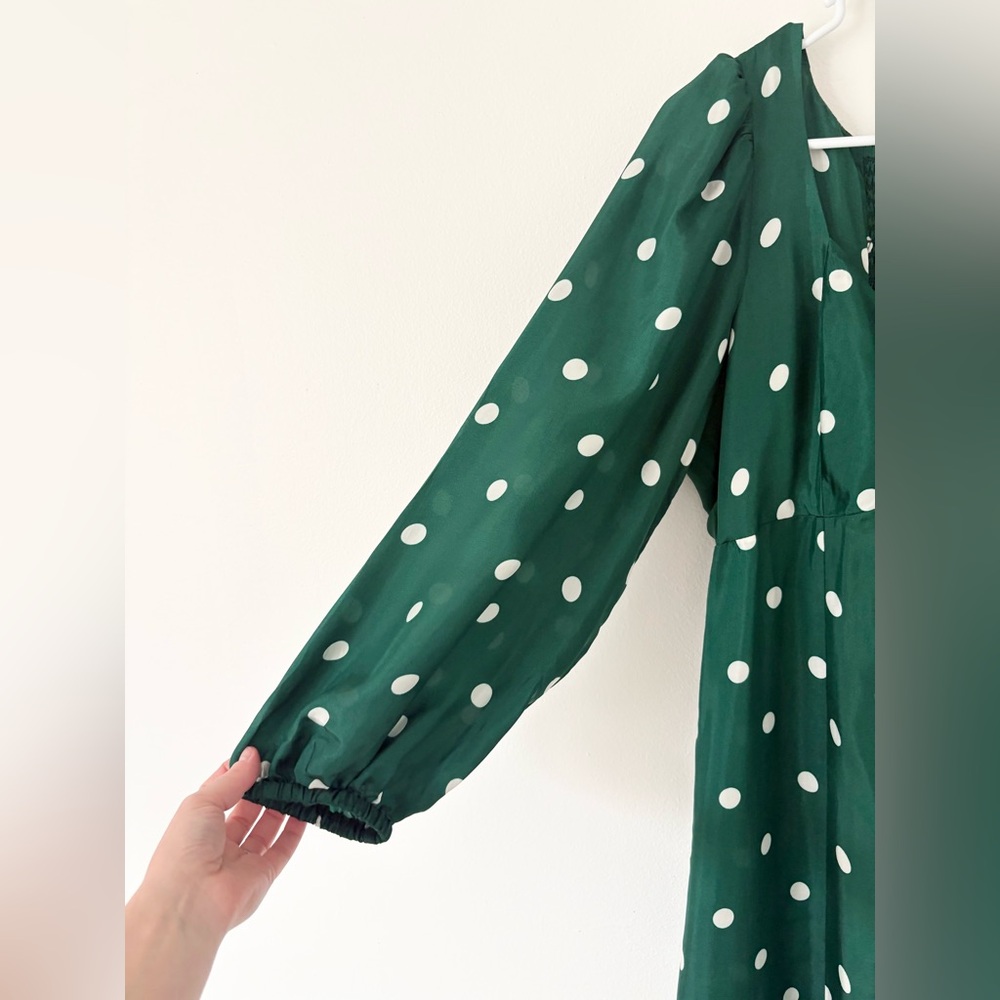 J Crew NEW Green White Polka Dot Sweetheart Long Sleeve Midi Dress Size 12 - Picture 7 of 13